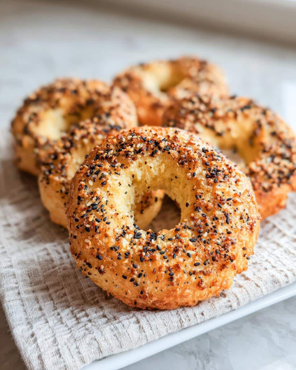 Close-up of golden brown 2-Ingredient Keto Bagels topped generously with everything bagel seasoning.