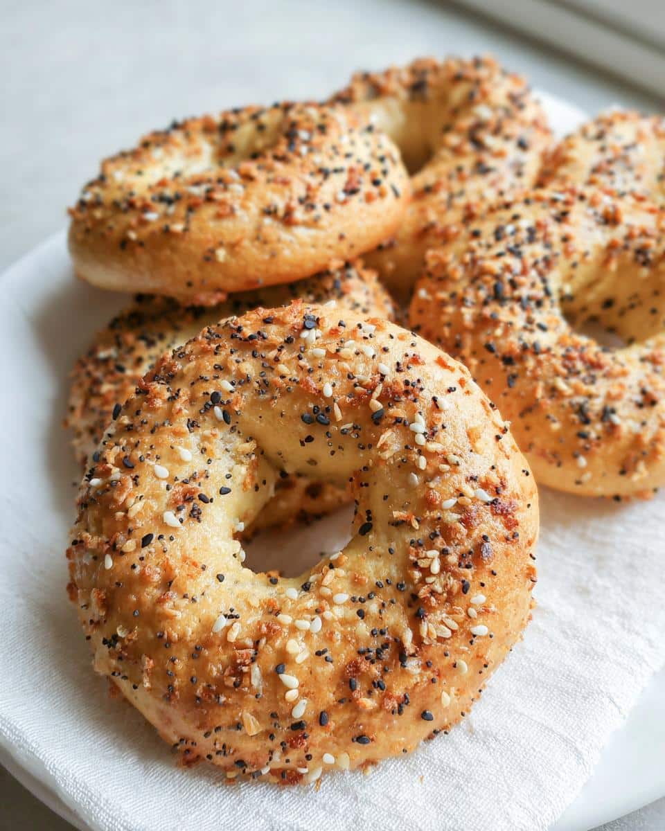 Close-up of several golden brown 2-Ingredient Keto Bagels topped generously with everything bagel seasoning.