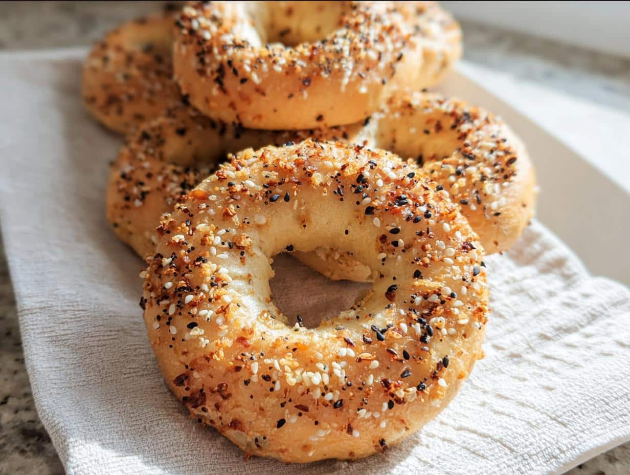Close-up of golden 2-Ingredient Keto Bagels topped generously with everything bagel seasoning.
