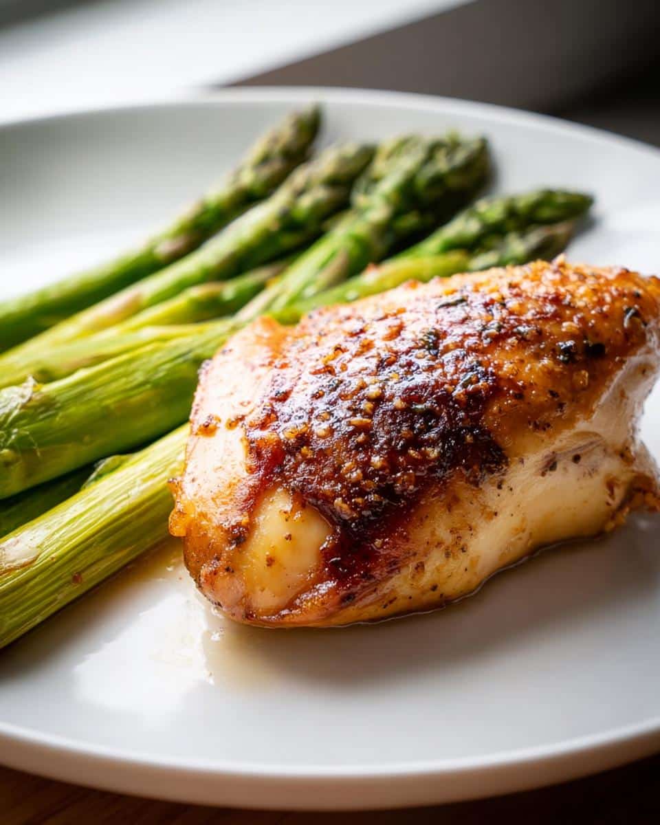 Close-up of a juicy, glazed 5-Ingredient Baked Chicken breast served with bright green roasted asparagus.
