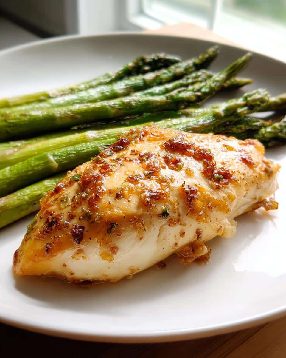 Close-up of a juicy 5-Ingredient Baked Chicken breast topped with a savory glaze, served alongside roasted asparagus.