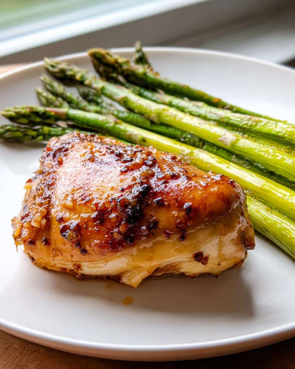 A piece of glazed 5-Ingredient Baked Chicken served next to bright green roasted asparagus on a white plate.