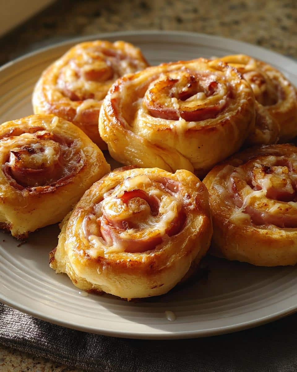 Close-up of golden baked ham and cheese rolls, part of the 5-Ingredient Breakfast Bake, drizzled with light glaze.