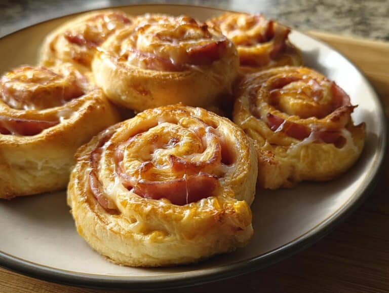 Close-up of golden baked ham and cheese rolls, part of the 5-Ingredient Breakfast Bake recipe.