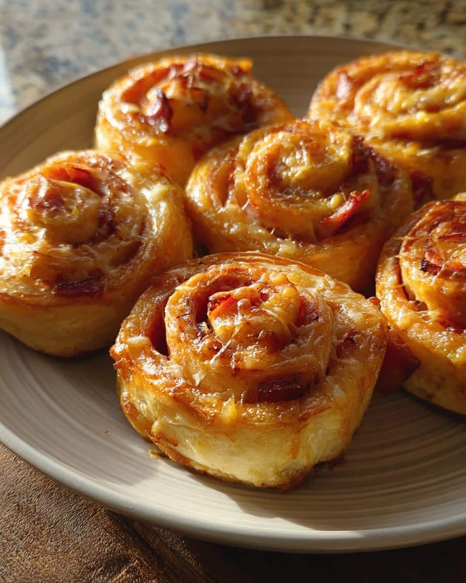 Close-up of golden, cheesy rolls from the 5-Ingredient Breakfast Bake served on a light gray plate.