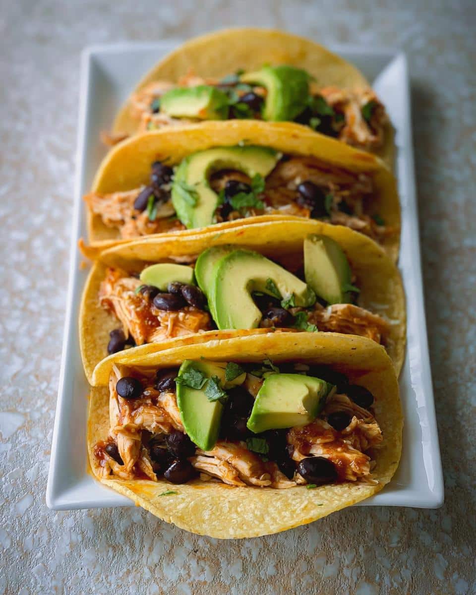 Four corn tortillas filled with shredded chicken, black beans, and topped with avocado slices for 5-Ingredient Chicken Tacos.