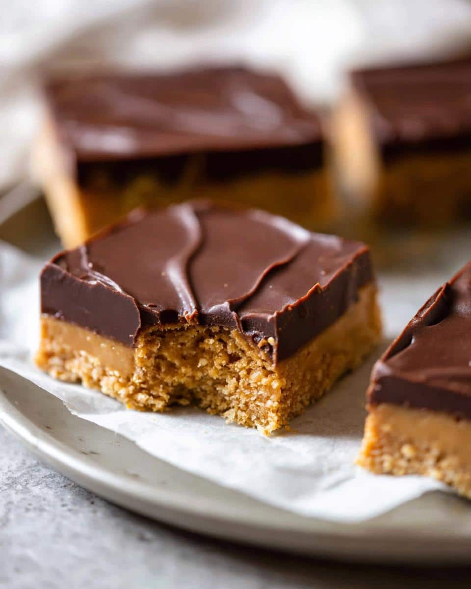 Close-up of a rich 5-Ingredient Dessert Bar with a bite taken out, showing the crust, caramel layer, and chocolate top.
