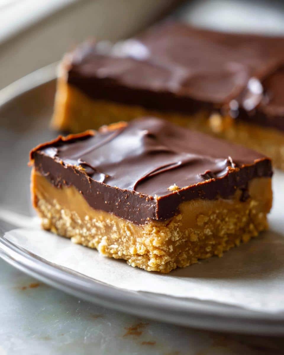 A close-up of a layered 5-Ingredient Dessert Bars featuring a crumbly base, caramel layer, and thick chocolate topping.