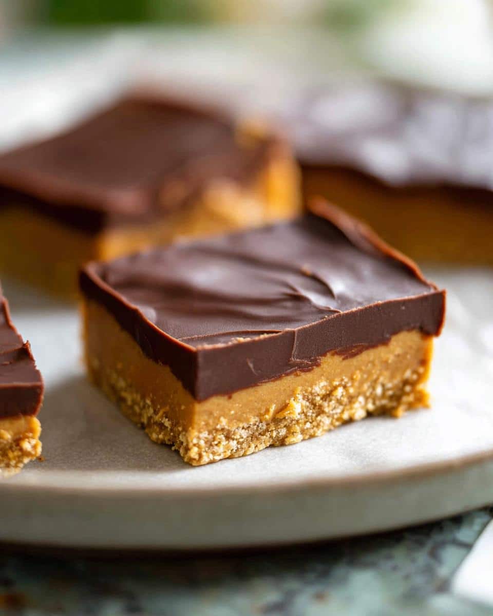 A square serving of 5-Ingredient Dessert Bars featuring a crumbly base, thick peanut butter layer, and smooth chocolate topping.