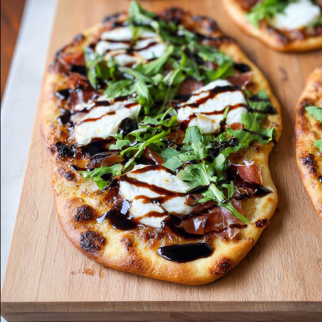 A close-up of a delicious 5-Ingredient Flatbread Pizza topped with fresh mozzarella, prosciutto, arugula, and balsamic glaze.