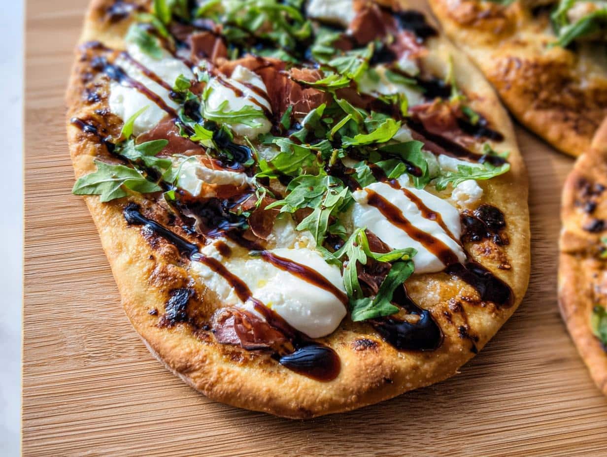 Close-up of a finished 5-Ingredient Flatbread Pizza topped with fresh mozzarella, prosciutto, arugula, and balsamic glaze.