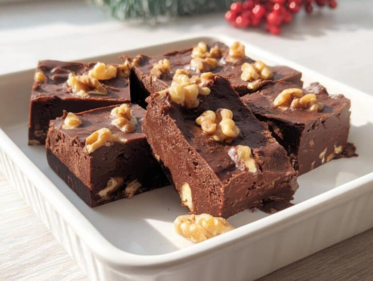 Close-up of rich, dark chocolate 5-Ingredient Old-Fashioned Walnut Fudge squares topped with walnuts.