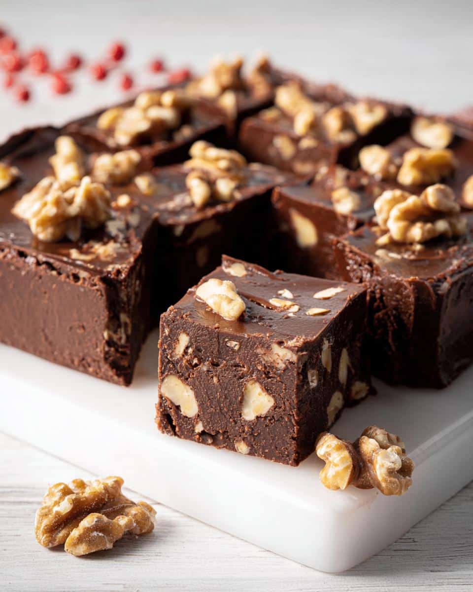 A close-up of rich, dark chocolate 5-Ingredient Old-Fashioned Walnut Fudge squares topped with walnuts.