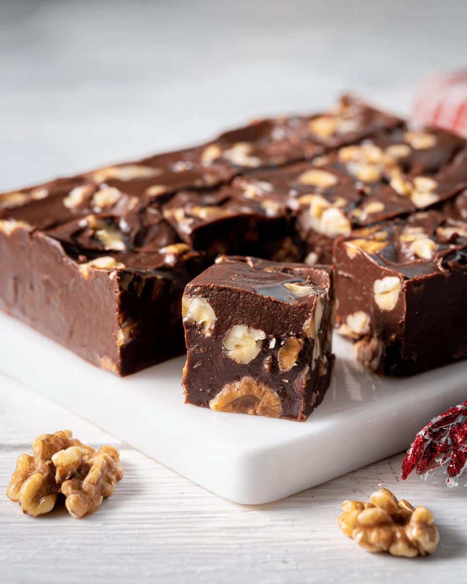 Close-up of rich, dark chocolate 5-Ingredient Old-Fashioned Walnut Fudge, cut into squares with visible walnuts.