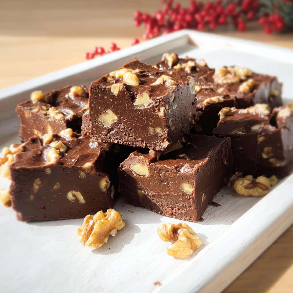 A pile of rich, dark chocolate 5-Ingredient Old-Fashioned Walnut Fudge squares topped with walnuts on a white tray.