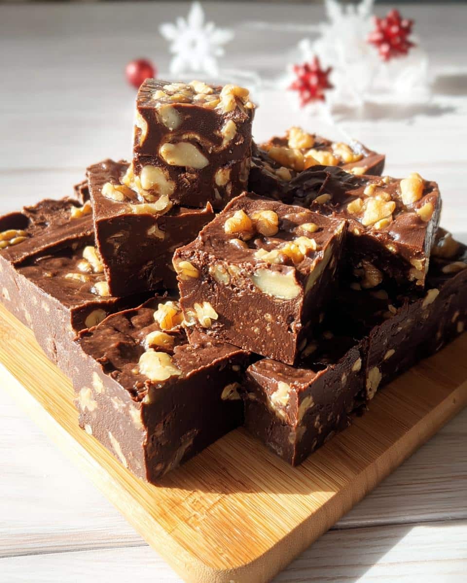 A stack of rich, dark chocolate 5-Ingredient Old-Fashioned Walnut Fudge squares topped with visible walnut pieces.