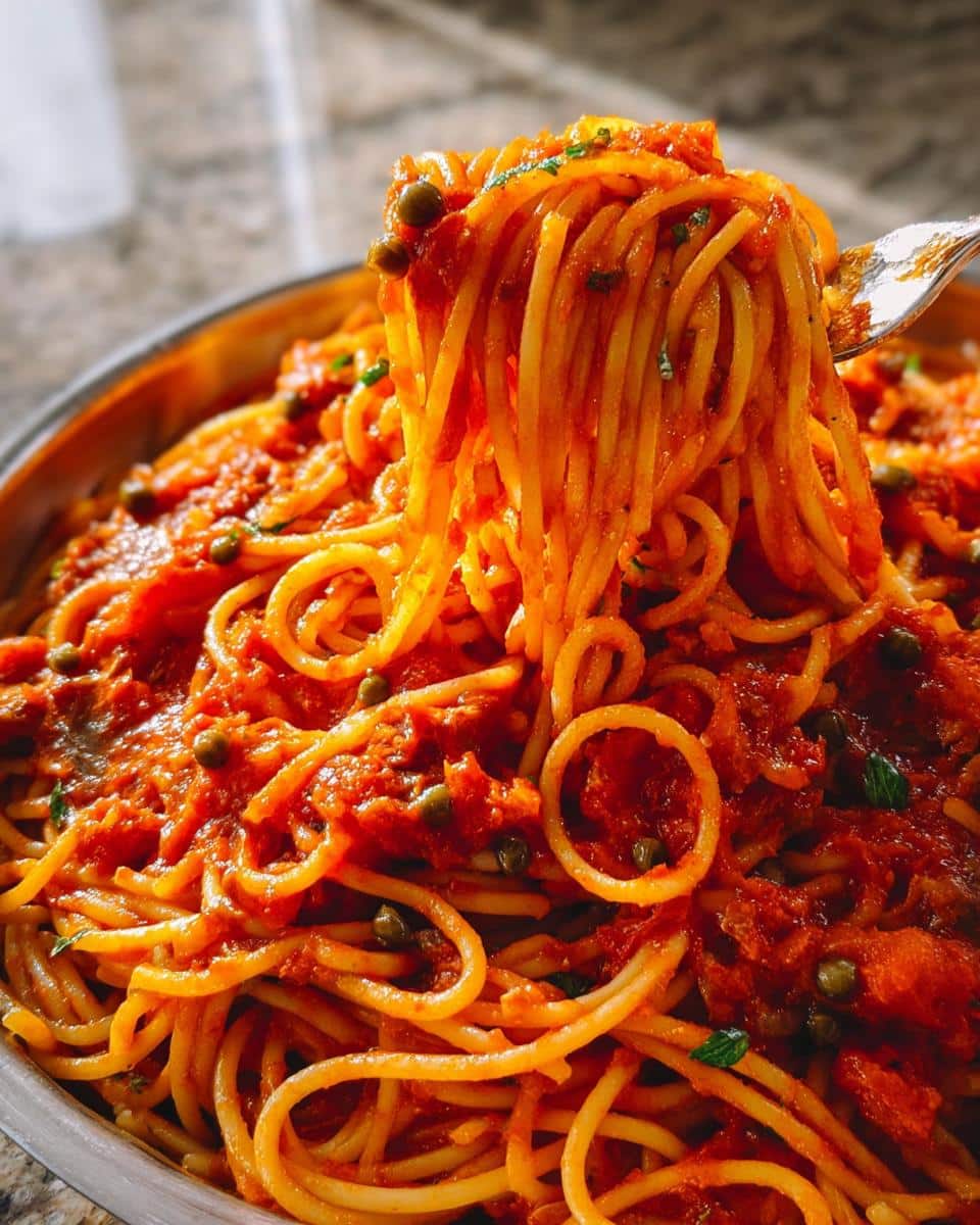 A fork lifting a twirl of spaghetti coated in rich red sauce with capers, part of the 5-Ingredient Pasta Dinner.