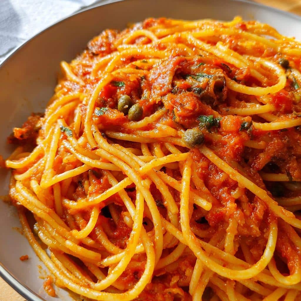 Close-up of spaghetti coated in a rich, chunky tomato sauce with capers, part of a 5-Ingredient Pasta Dinner.