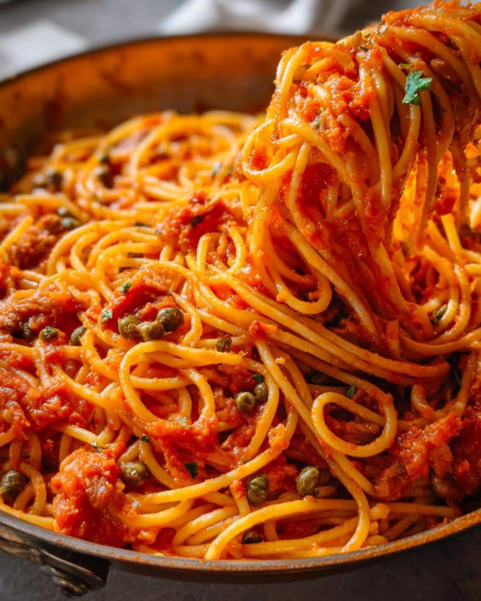 Close-up of spaghetti being lifted from a pan, coated in rich tomato sauce and capers, showcasing the 5-Ingredient Pasta Dinner.
