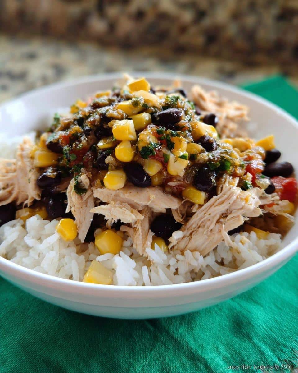 A close-up of a white bowl filled with white rice, shredded chicken, black beans, corn, and salsa, representing the 5-Ingredient Rice Bowl.