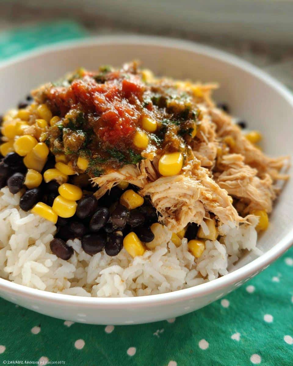A close-up of a white bowl filled with a 5-Ingredient Rice Bowl featuring white rice, shredded chicken, black beans, corn, and salsa.