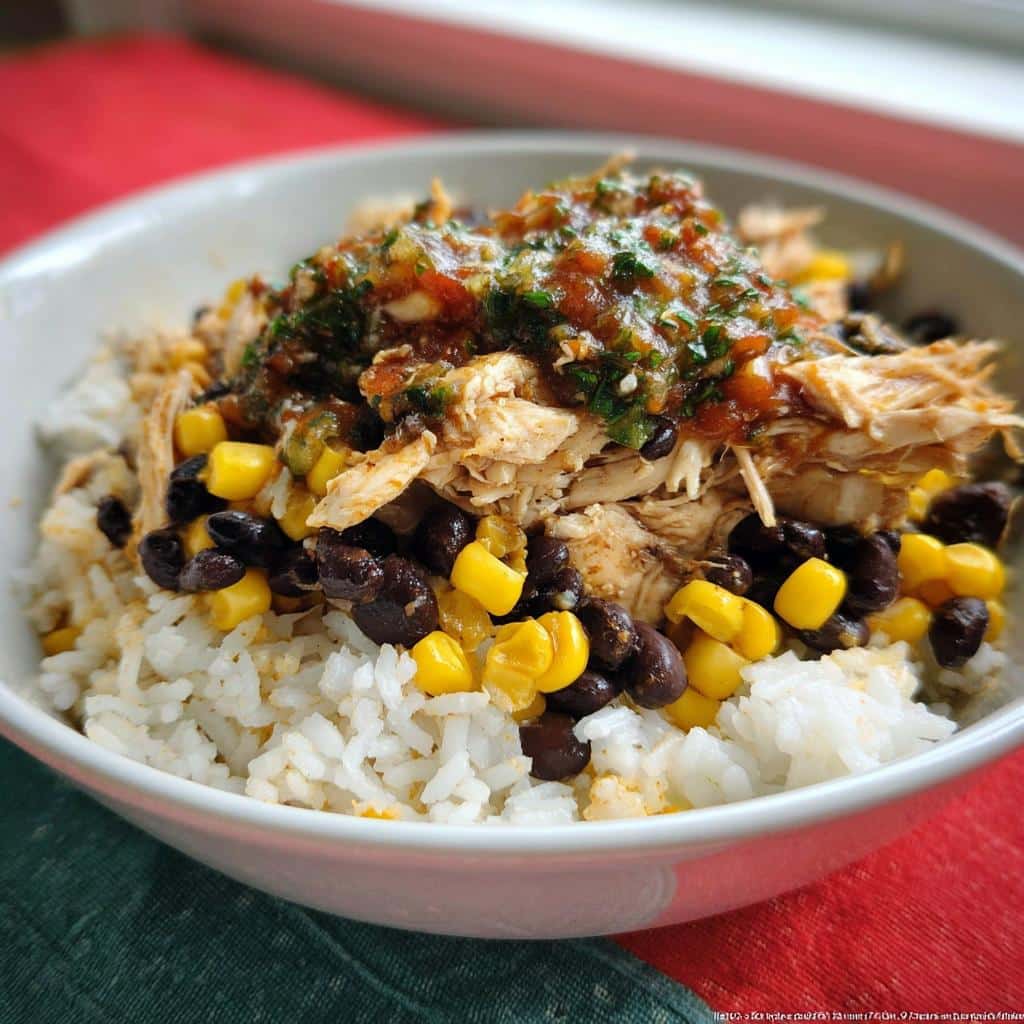 Close-up of a delicious 5-Ingredient Rice Bowl topped with shredded chicken, black beans, corn, and salsa.