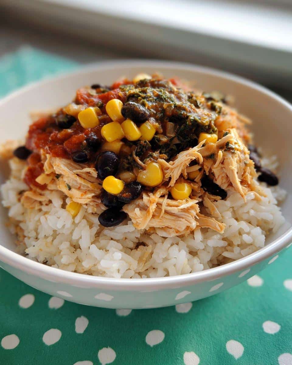 A close-up of a finished 5-Ingredient Rice Bowl featuring shredded chicken, black beans, corn, salsa, and green sauce over white rice.