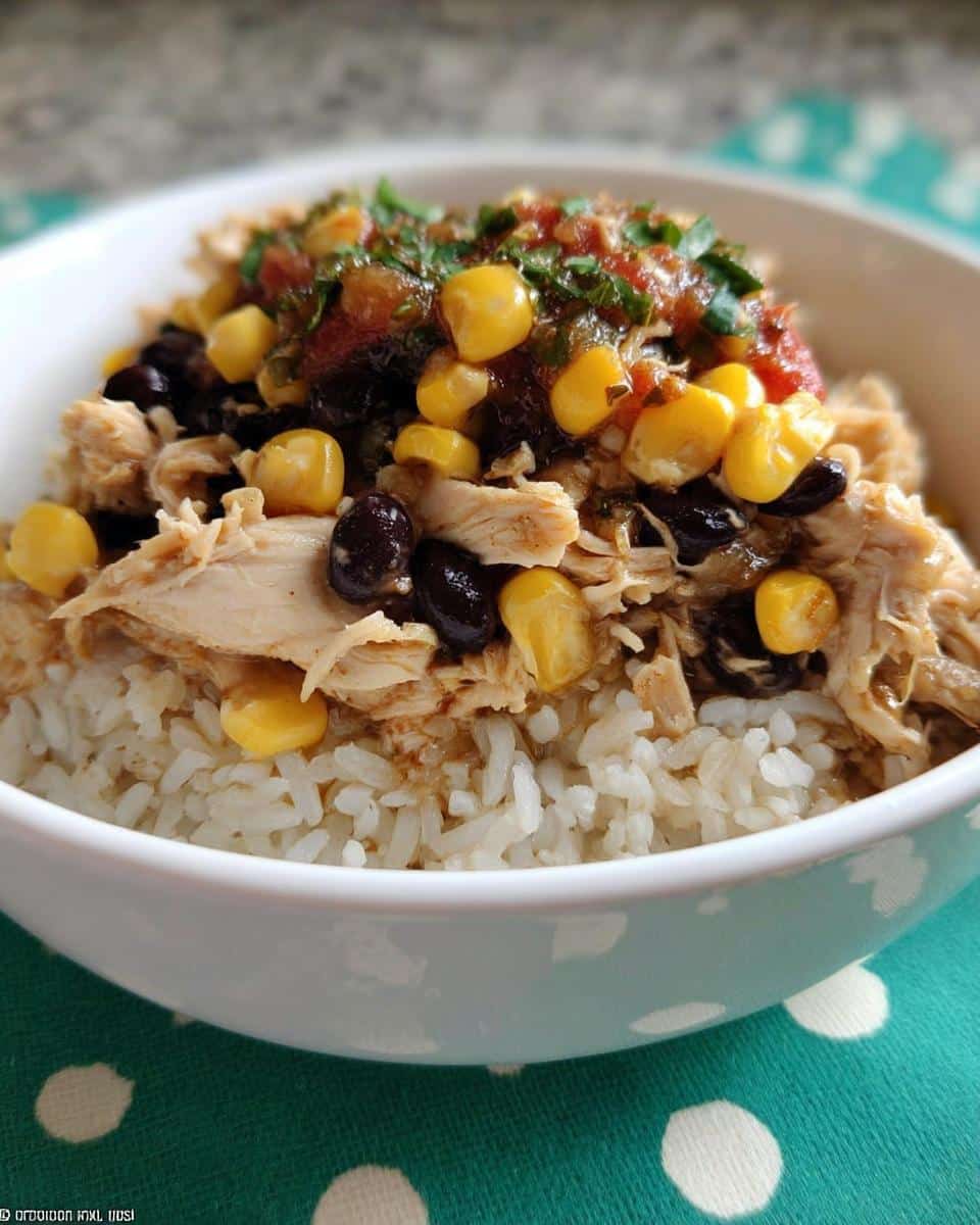 A close-up of a white bowl filled with a 5-Ingredient Rice Bowl featuring shredded chicken, black beans, corn, and salsa.