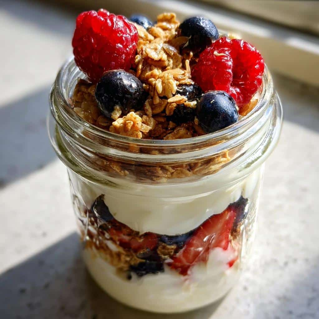 Close-up of a layered Fruit & Yogurt Parfait Dessert in a small glass jar, topped with granola, raspberries, and blueberries.