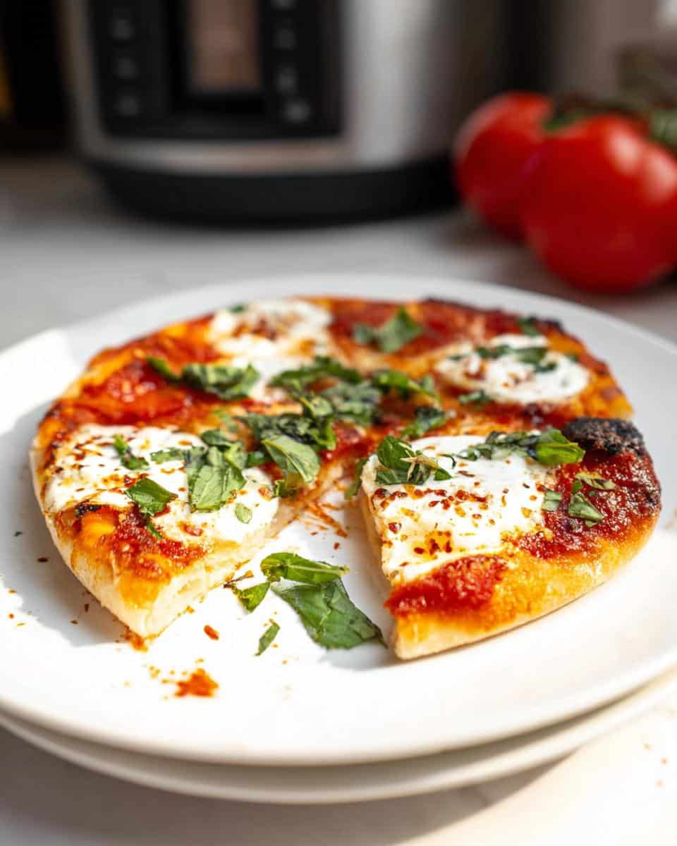 A cooked Air Fryer Margherita Pizza, sliced on a white plate, topped with mozzarella, tomato sauce, and fresh basil.