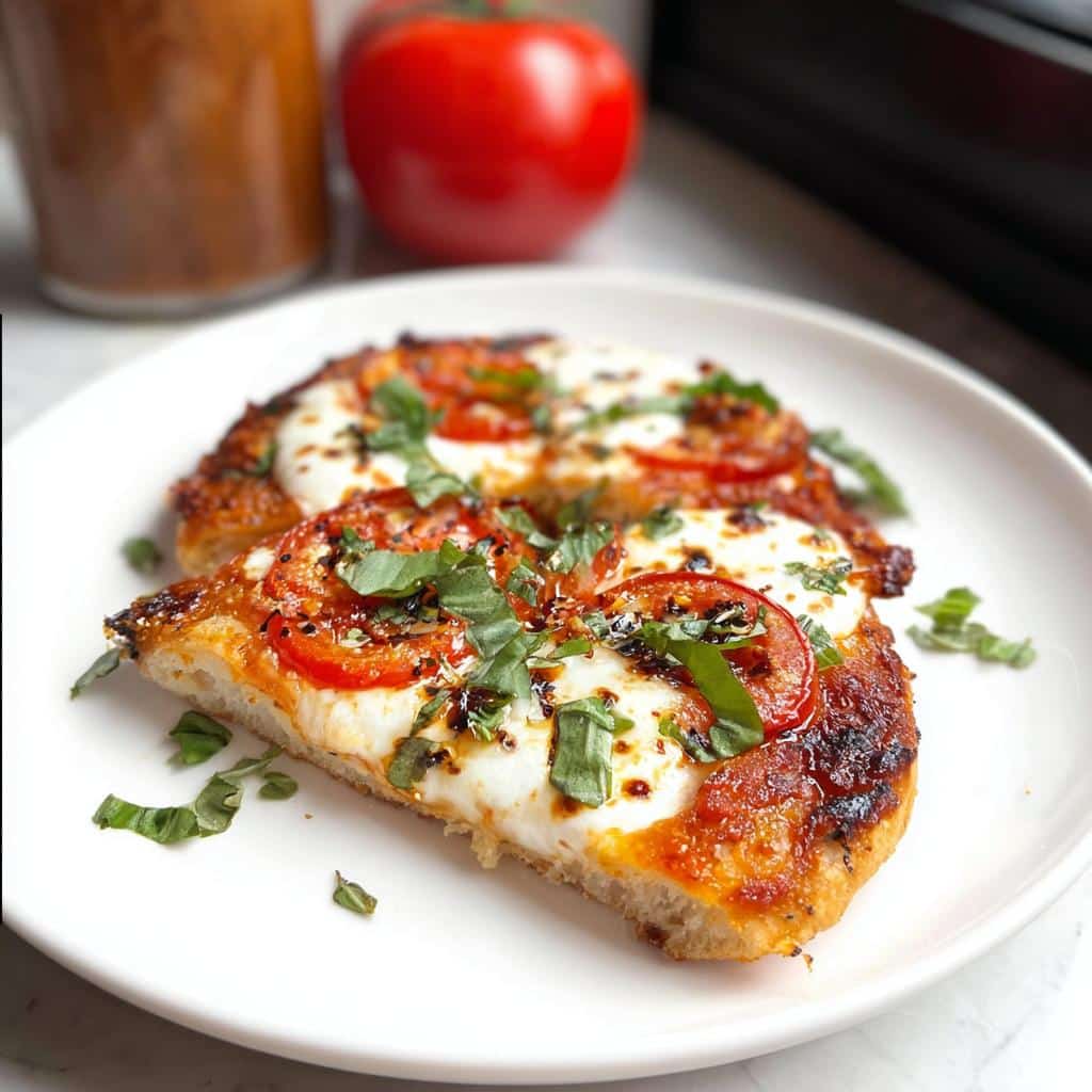 Two slices of crispy Air Fryer Margherita Pizza topped with melted mozzarella, tomato slices, and fresh basil.