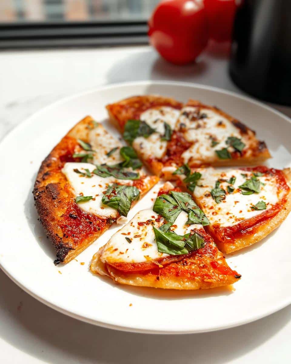 Five slices of Air Fryer Margherita Pizza topped with fresh mozzarella and basil on a white plate.