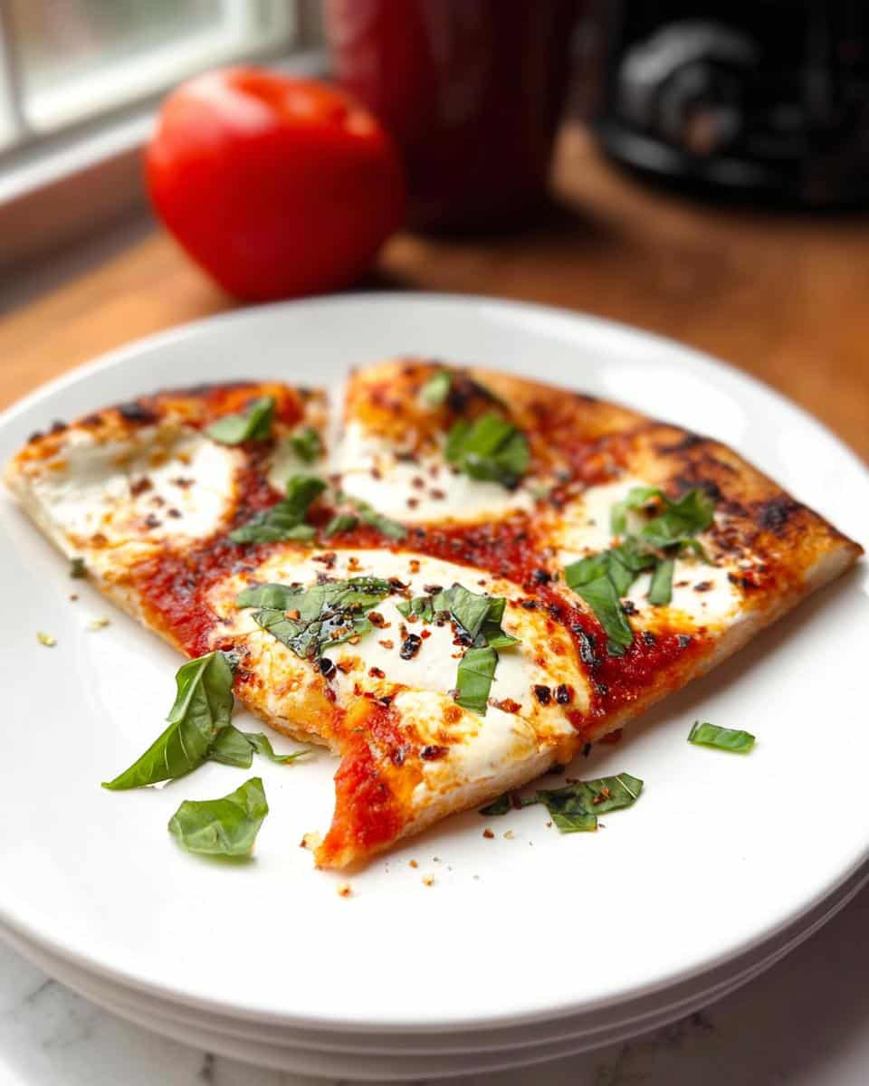 Two slices of freshly made Air Fryer Margherita Pizza topped with melted mozzarella, tomato sauce, and fresh basil.
