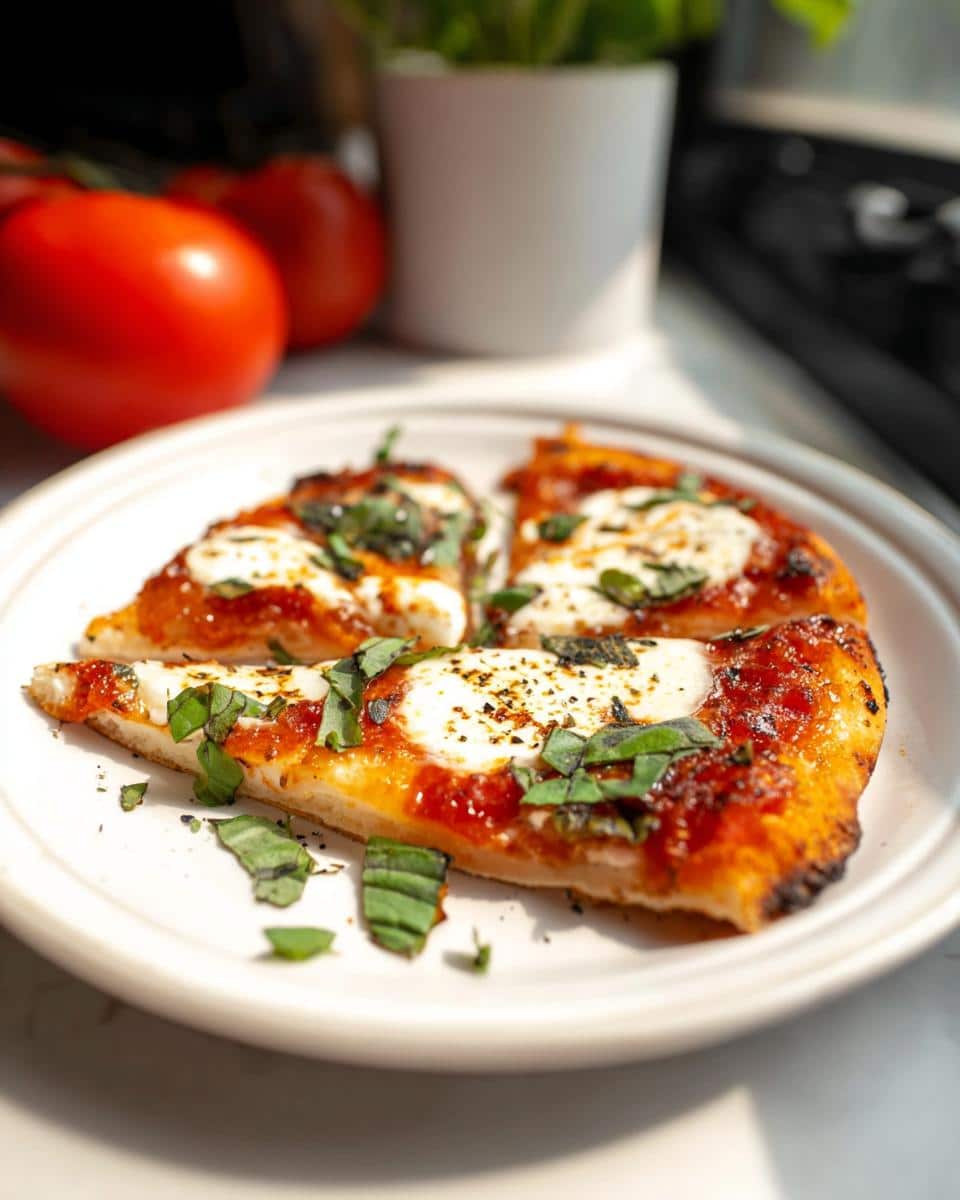 Close-up of four slices of Air Fryer Margherita Pizza topped with melted mozzarella and fresh basil.