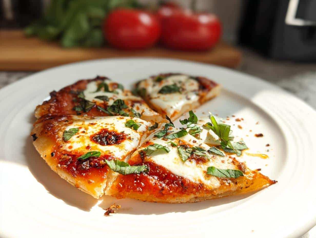 Four slices of freshly cooked Air Fryer Margherita Pizza topped with melted mozzarella and fresh basil on a white plate.