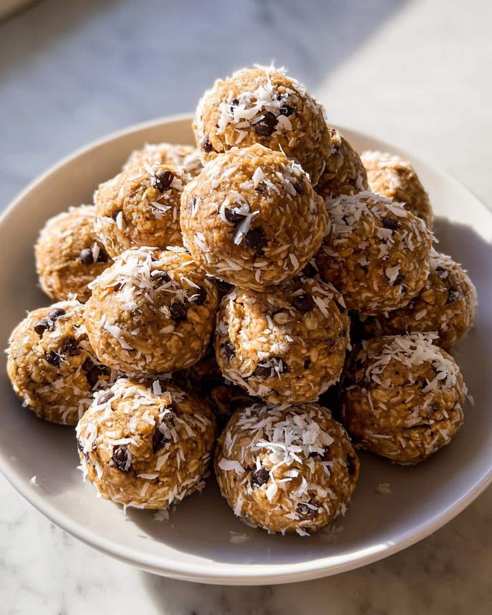 A tall stack of no-bake Almond Butter Energy Cookies rolled in shredded coconut on a light plate.