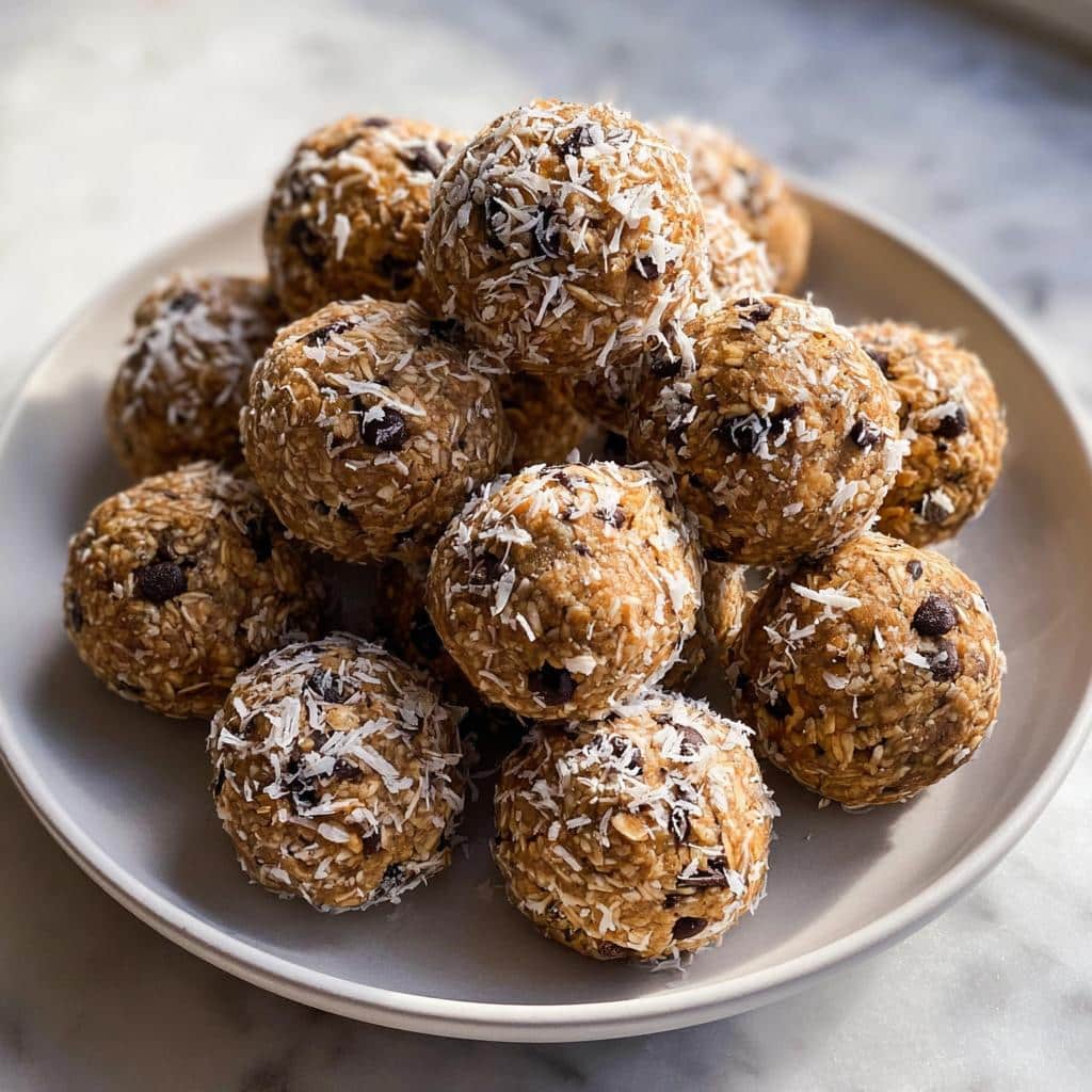 A mound of freshly made Almond Butter Energy Cookies rolled in shredded coconut, served on a white plate.