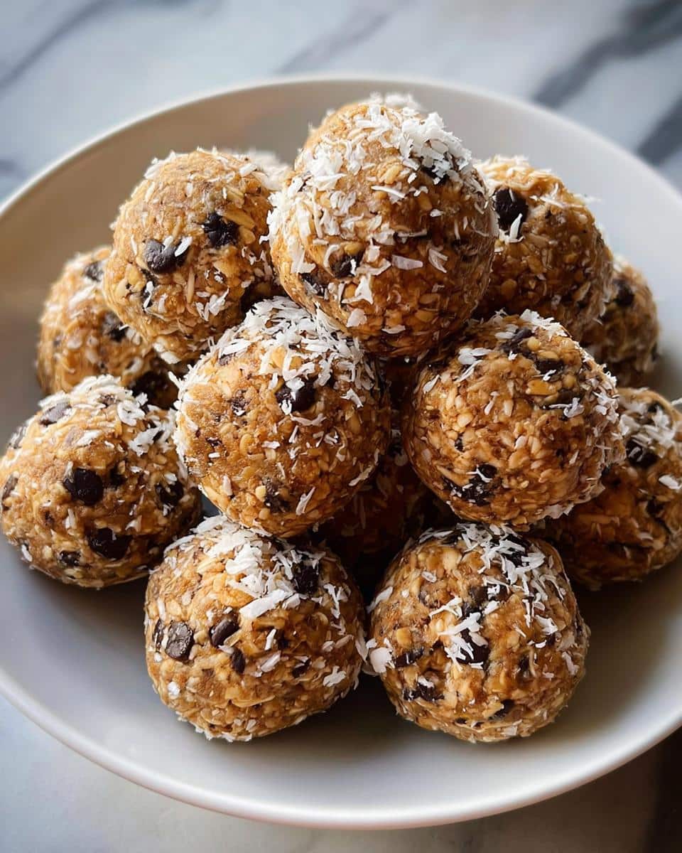 A close-up of a stack of Almond Butter Energy Cookies, rolled into balls and topped with shredded coconut.