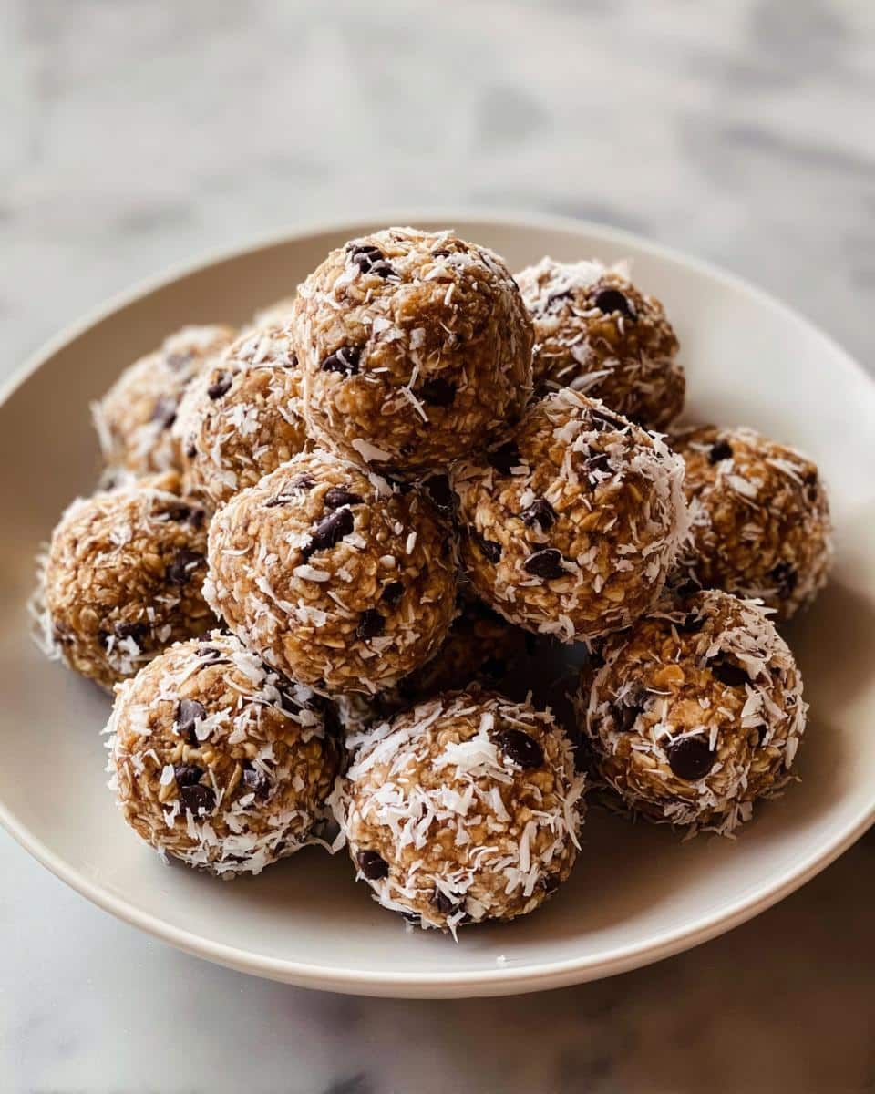 A stack of round Almond Butter Energy Cookies rolled in shredded coconut and chocolate chips on a light plate.