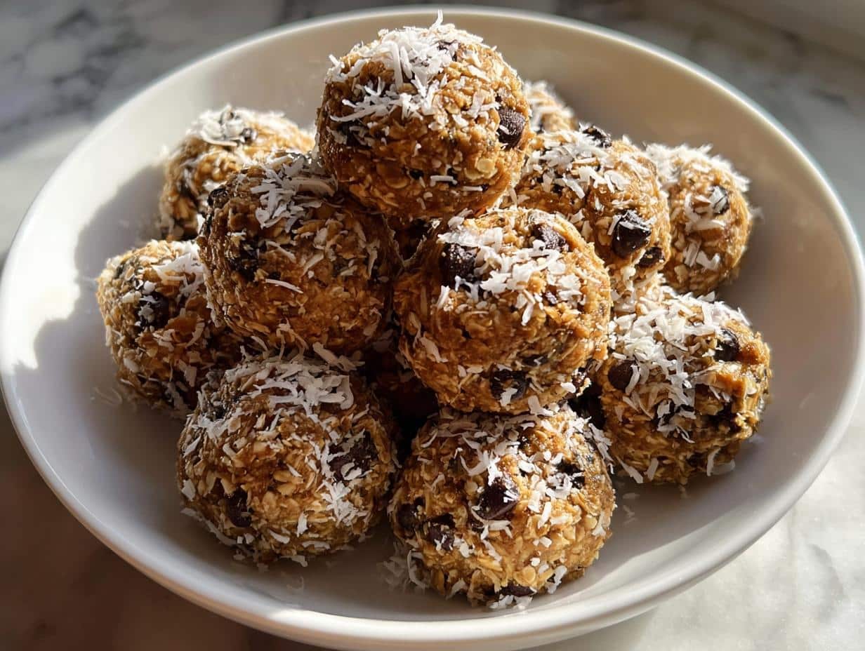 A white bowl filled with round Almond Butter Energy Cookies, studded with chocolate chips and topped with shredded coconut.