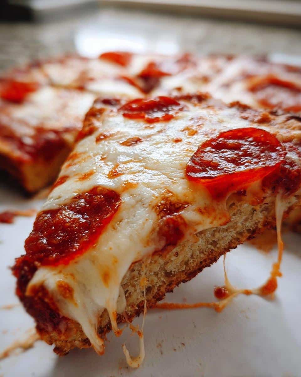 Close-up of a slice of pepperoni pizza showing melted cheese pull over the thick Almond Flour Keto Pizza Crust.