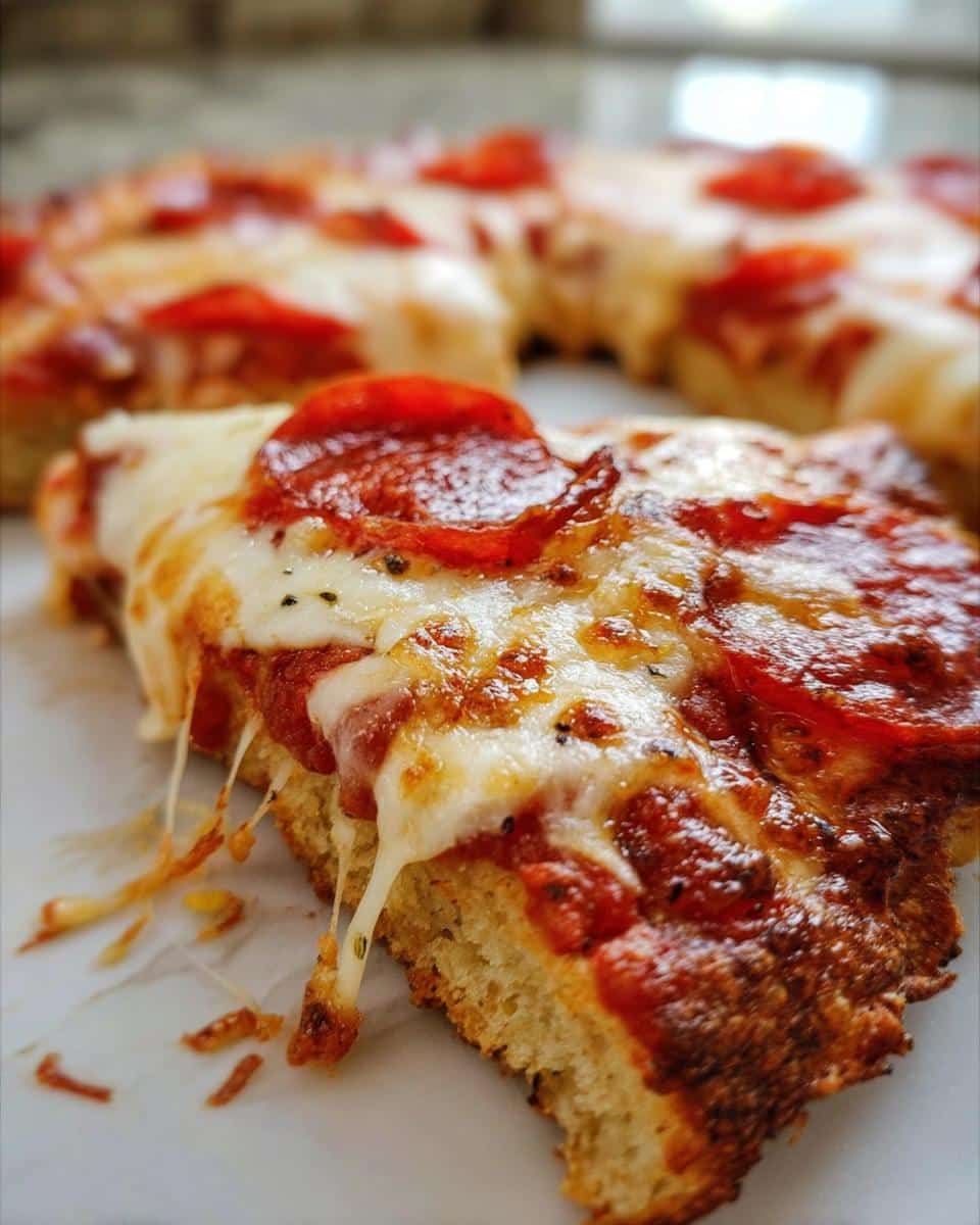 Close-up of a slice of pepperoni pizza showing gooey melted cheese and the thick Almond Flour Keto Pizza Crust base.