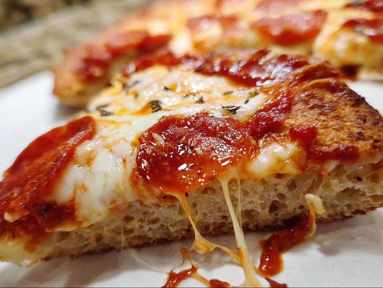 Close-up of a slice of pepperoni pizza showing melted cheese pull over a thick Almond Flour Keto Pizza Crust.