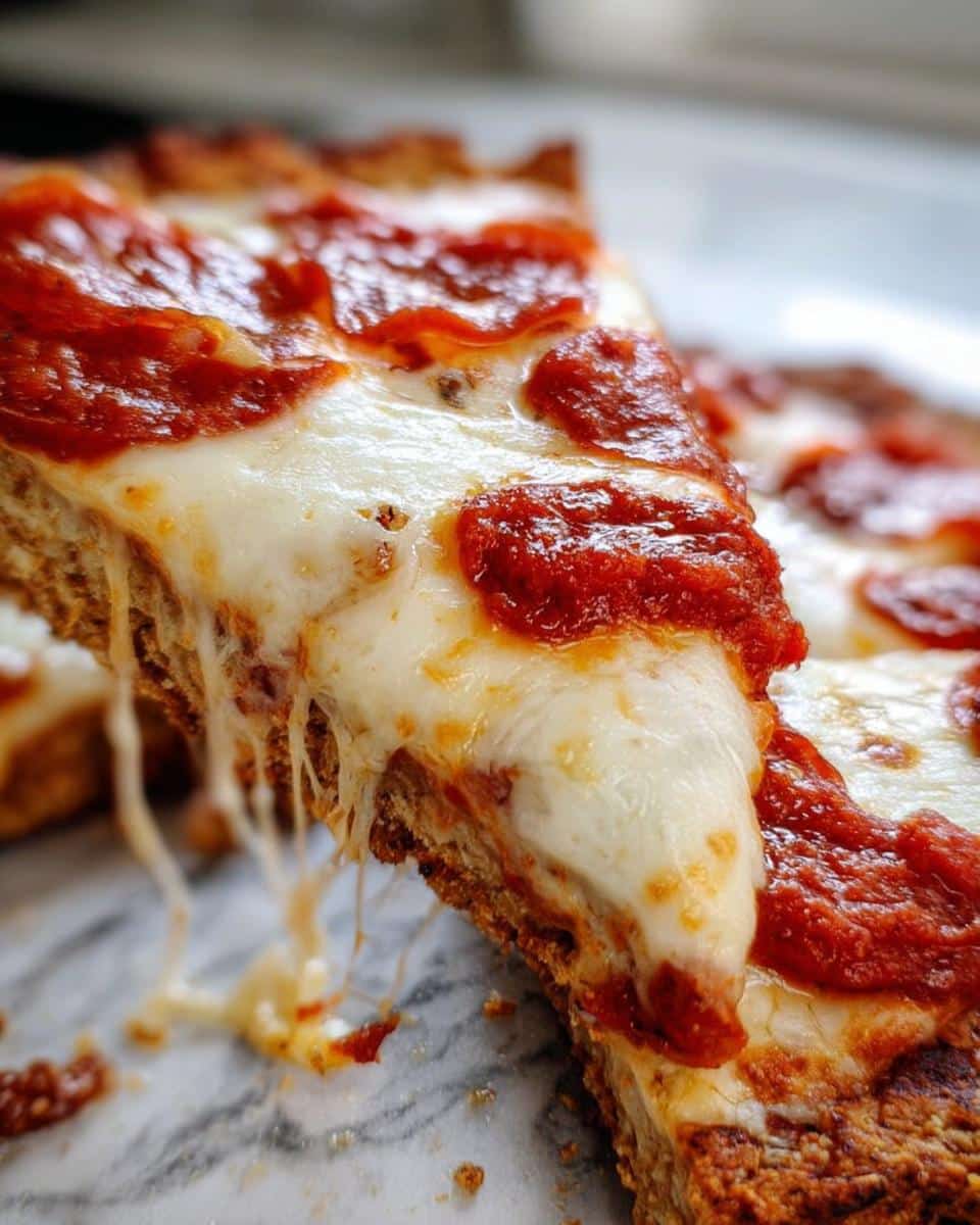 Close-up of a thick slice of pepperoni pizza showing gooey melted cheese pulling away from the Almond Flour Keto Pizza Crust.