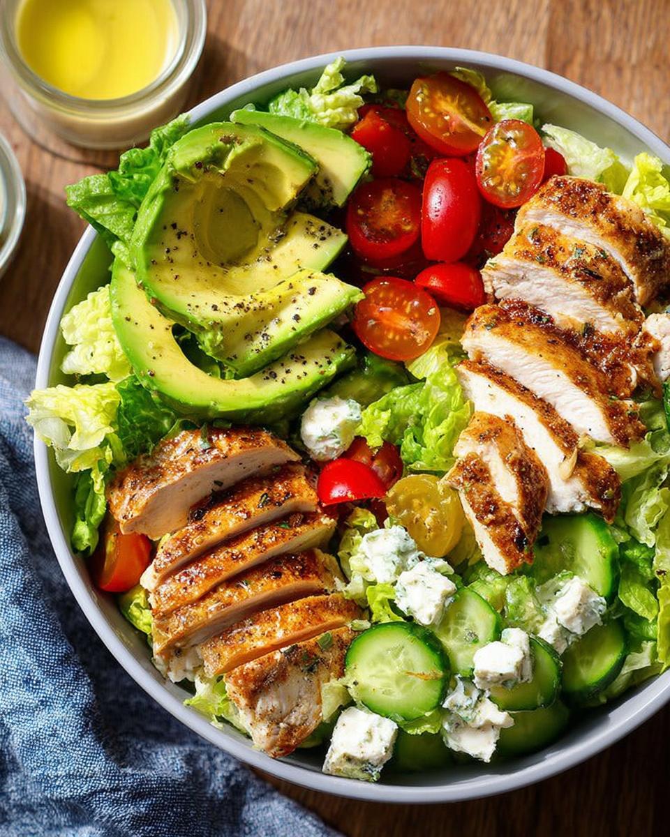 Close-up of a vibrant Chicken Avocado Salad Bowl featuring sliced grilled chicken, avocado, tomatoes, and blue cheese.