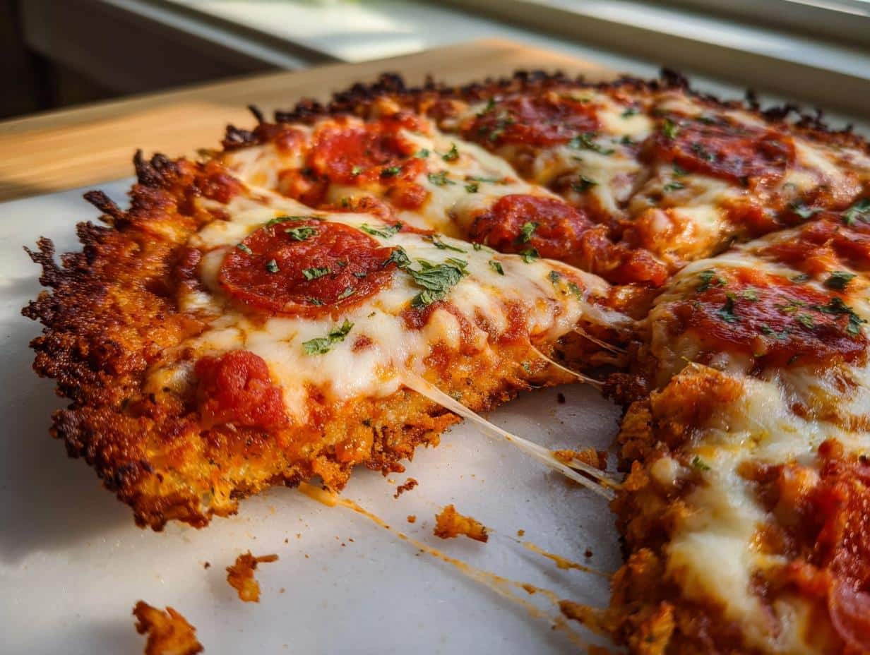 Close-up of a freshly baked Chicken Crust Pizza topped with melted mozzarella, pepperoni, and herbs.