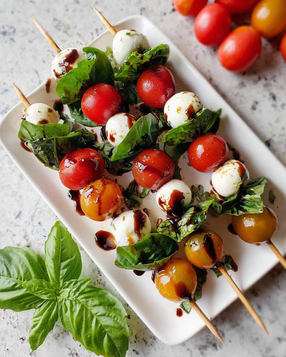 Close-up of Caprese Skewers featuring cherry tomatoes, mozzarella balls, and basil drizzled with balsamic glaze.
