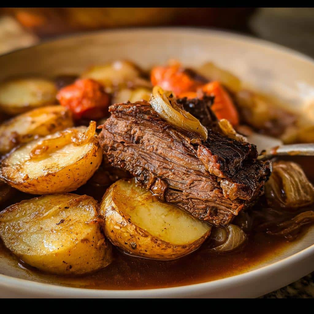 Close-up of a serving of Baked Beef & Potato Dinner featuring tender shredded beef, roasted potatoes, and carrots in rich brown gravy.