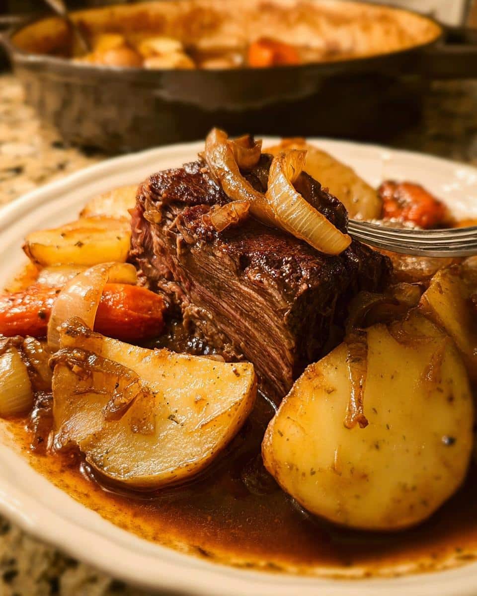 A close-up of a serving of tender, shredded beef topped with caramelized onions and seasoned potatoes from a Baked Beef & Potato Dinner.