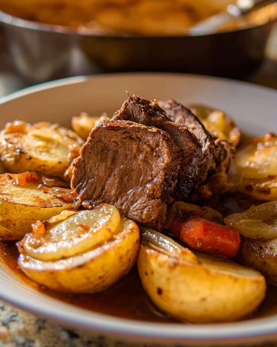 Close-up of sliced roast beef served with roasted potatoes and carrots in a rich sauce for a Baked Beef & Potato Dinner.